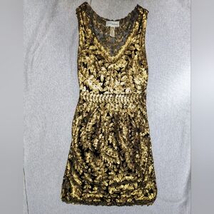 Anthropologie Project Alabama Gold Sequin Leaves Black Sleeveless Dress 0 XS
